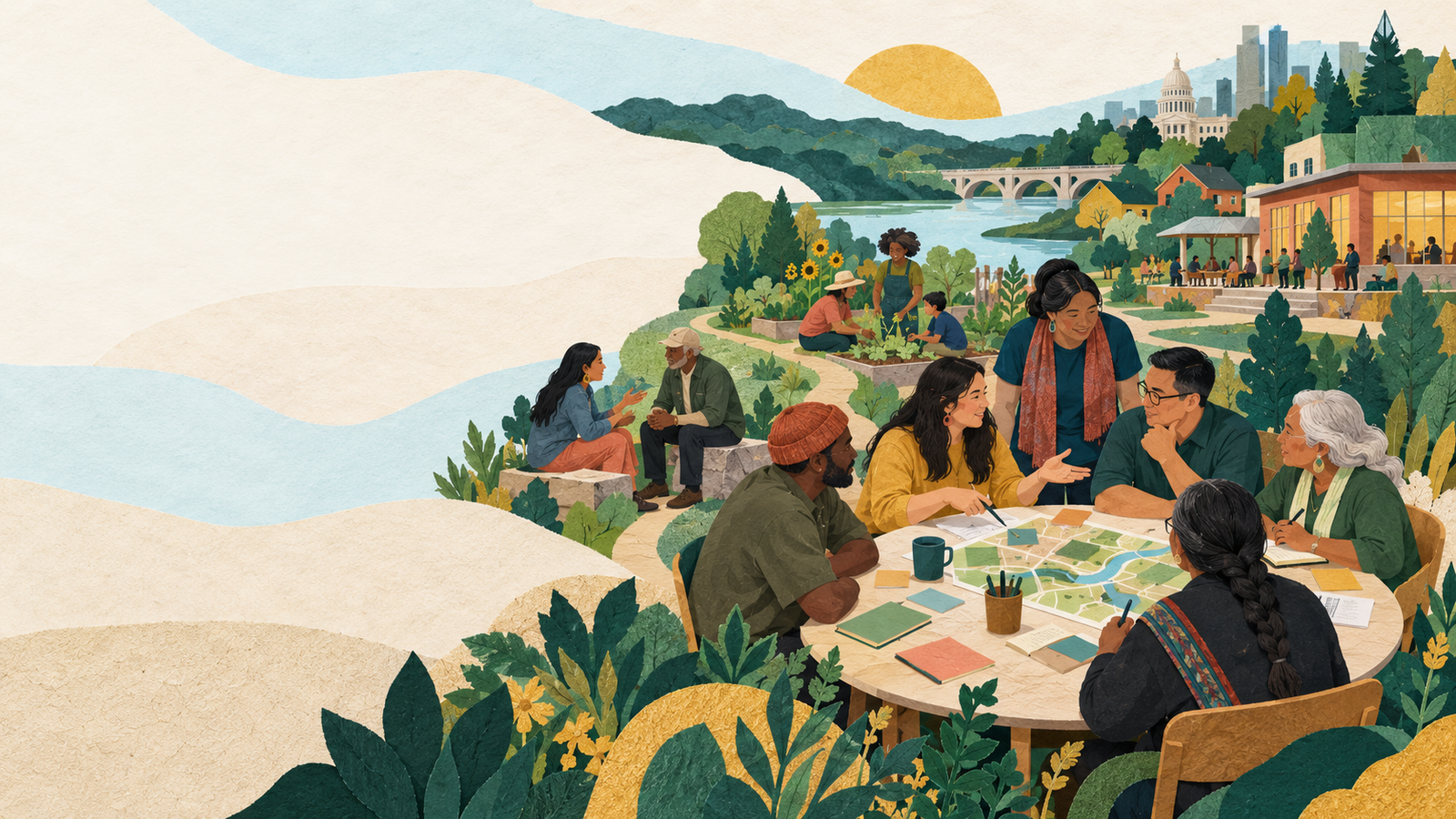 Illustration of community and nonprofit leaders planning together across a landscape of people, neighborhoods, nature, and city life.