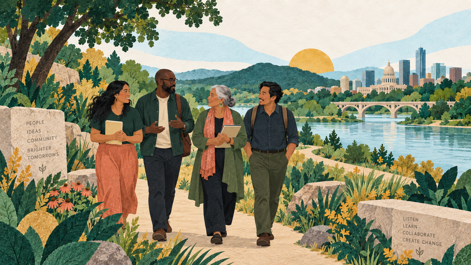 Illustration of leaders walking together along a riverside path in conversation.