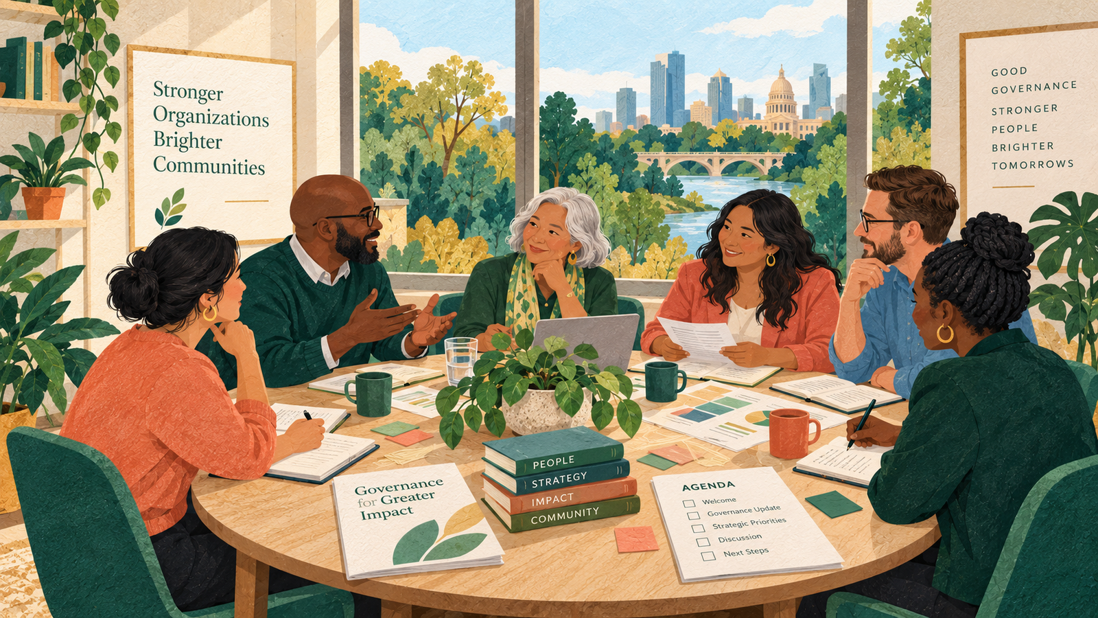Illustration of a board and leadership team in thoughtful conversation.