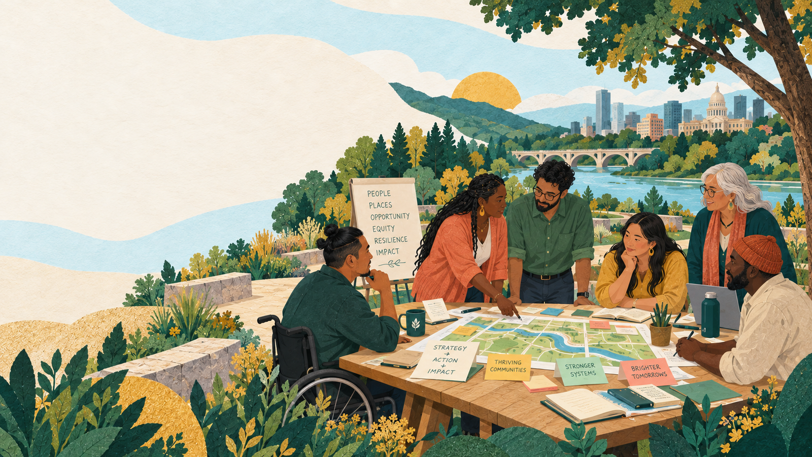 Illustration of an inclusive planning conversation around a map in a landscaped riverside setting.